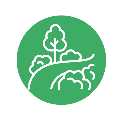 A simple, stylized illustration of a tree and bushes on a green circular background.